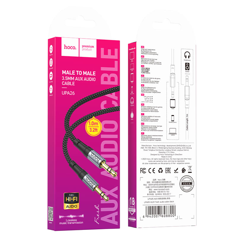 Câble Audio 3.5mm - 3.5mm HOCO UPA26, 1m, Noir