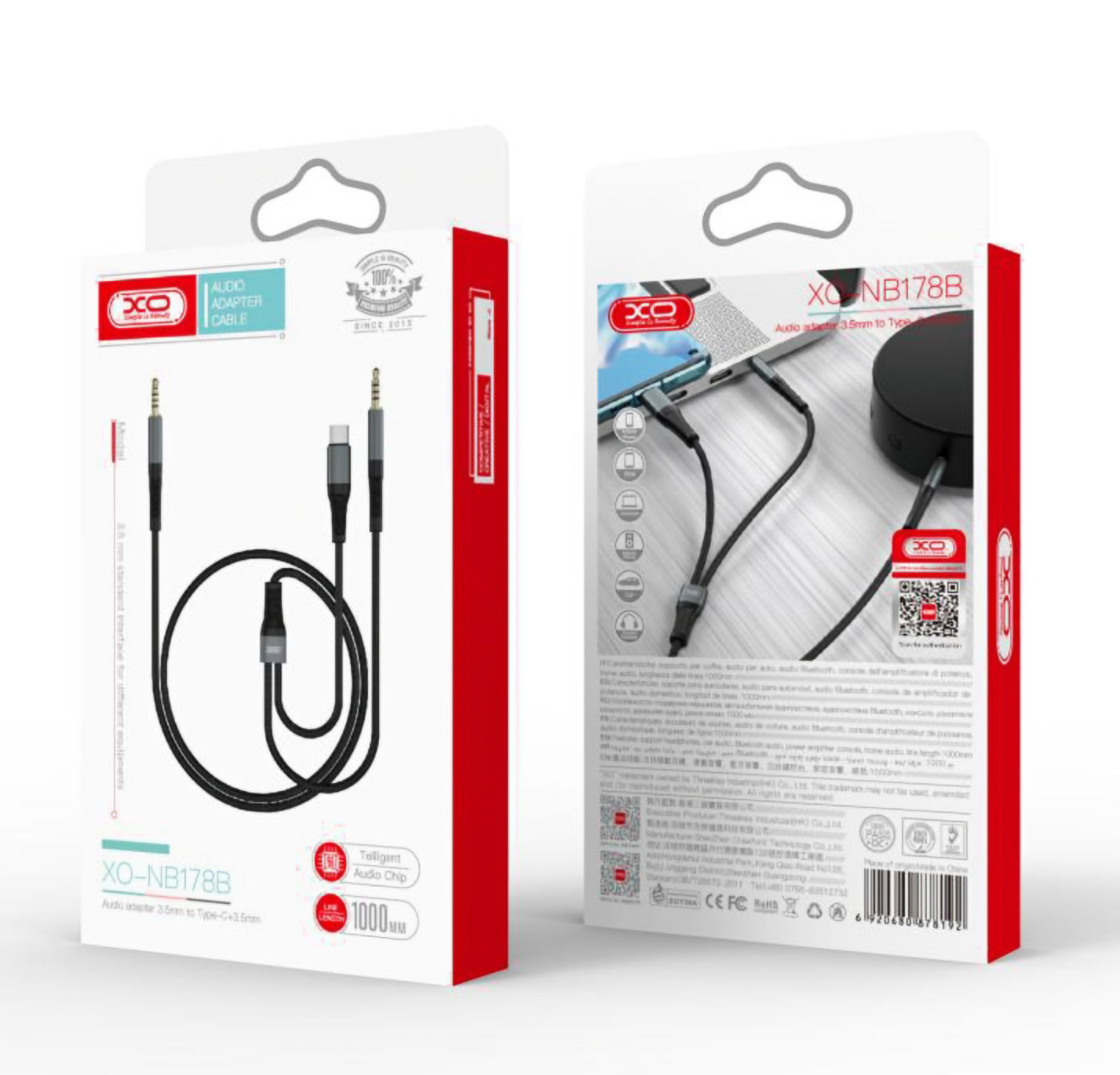 Câble Audio USB-C / 3.5mm - 3.5mm XO Design NB178B, 1m, Noir