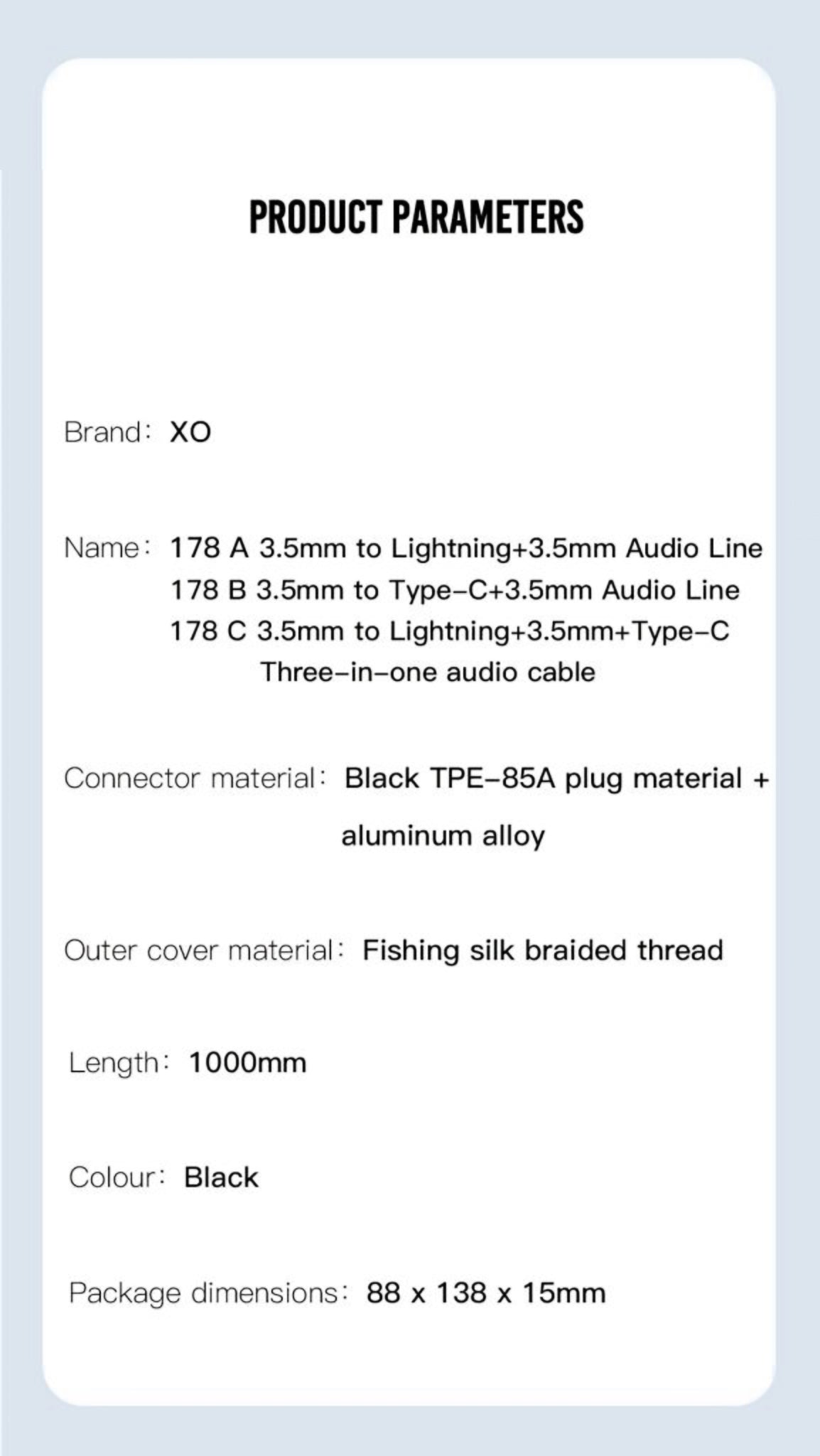 Câble Audio USB-C / 3.5mm - 3.5mm XO Design NB178B, 1m, Noir