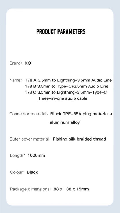 Câble Audio USB-C / 3.5mm - 3.5mm XO Design NB178B, 1m, Noir