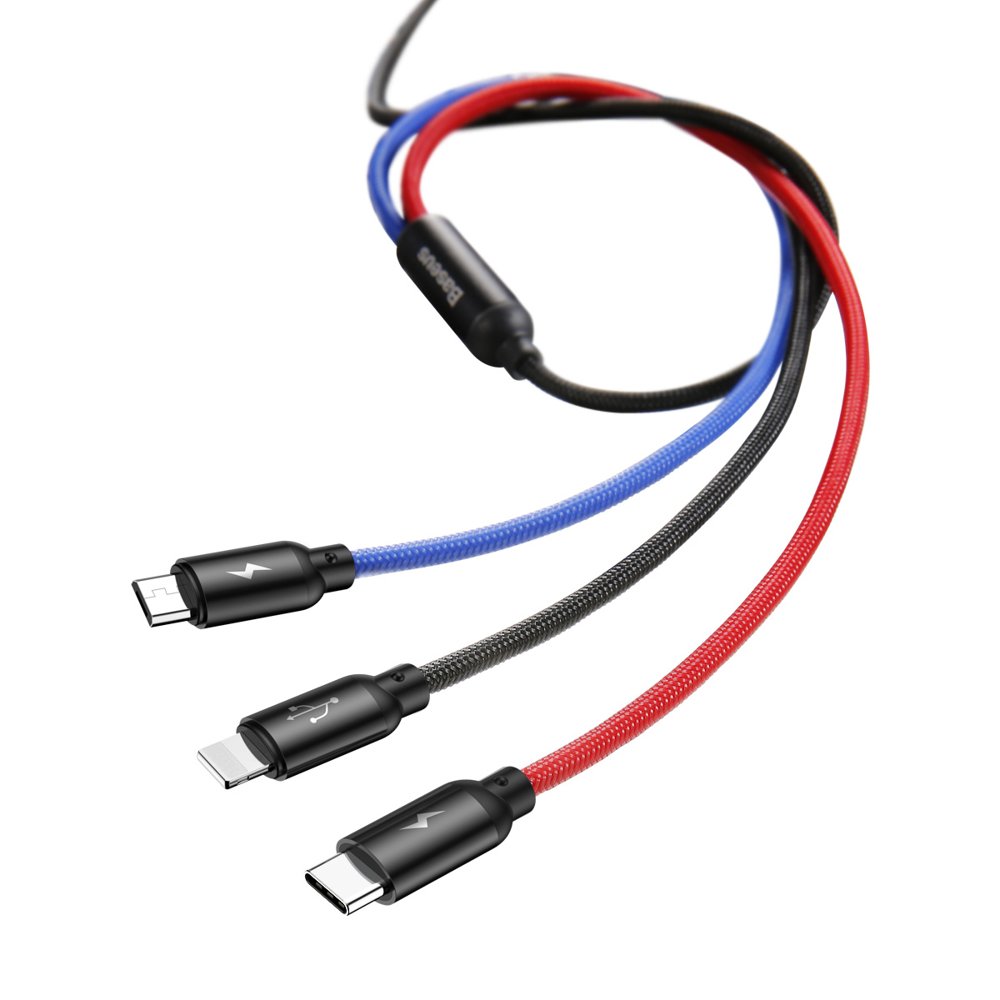 Câble de Chargement USB-A - Lightning / microUSB / USB-C Baseus Colors 3in1, 20W, 1.2m, Noir CAMLT-BSY01