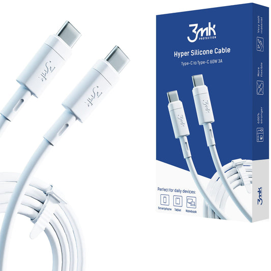 Câble de données et de charge USB-C - USB-C 3MK Hyper Silicone, 60W, 1m, Blanc