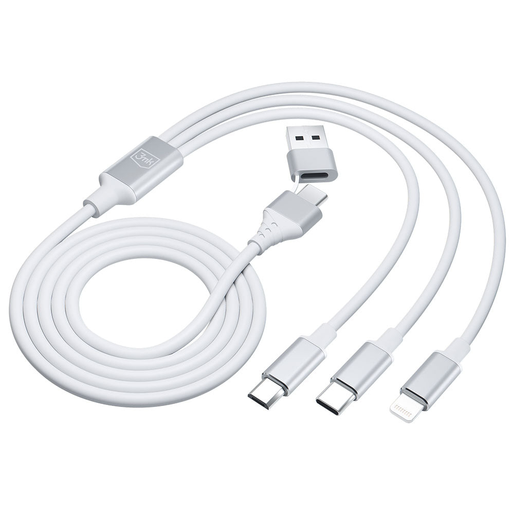 Câble de charge USB-A / USB-C - Lightning / microUSB / USB-C 3MK Hyper 3in1, 12W, 1.5m, Blanc 