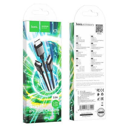 Câble de charge USB-A - Lightning / microUSB / USB-C HOCO X76 3en1, 18W, 1m, Noir