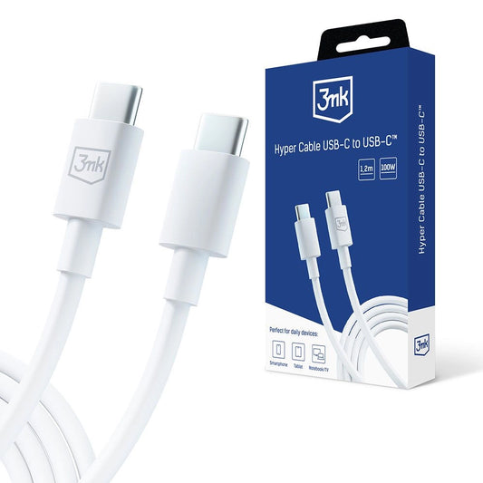 Câble de données et de charge USB-C - USB-C 3MK Hyper, 100W, 1.2m, blanc 