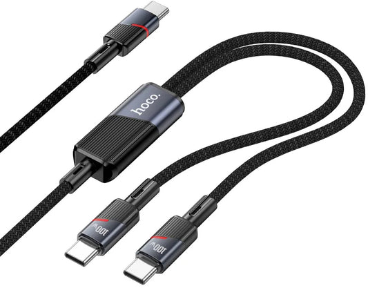 Câble de Données et de Charge USB-C - 2 x USB-C HOCO U139 2en1, 100W, 1.2m, Noir
