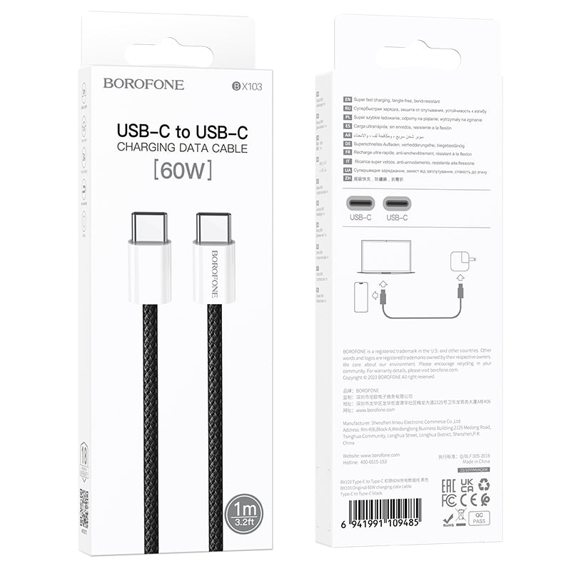 Câble de Données et de Charge USB-C - USB-C Borofone BX103 Original, 60W, 1m, Noir