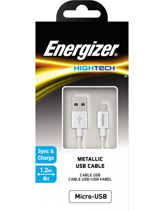 Cablu Date si Incarcare USB-A - microUSB Energizer Metallic, 18W, 1.2m, Alb C13UBMCGWH4