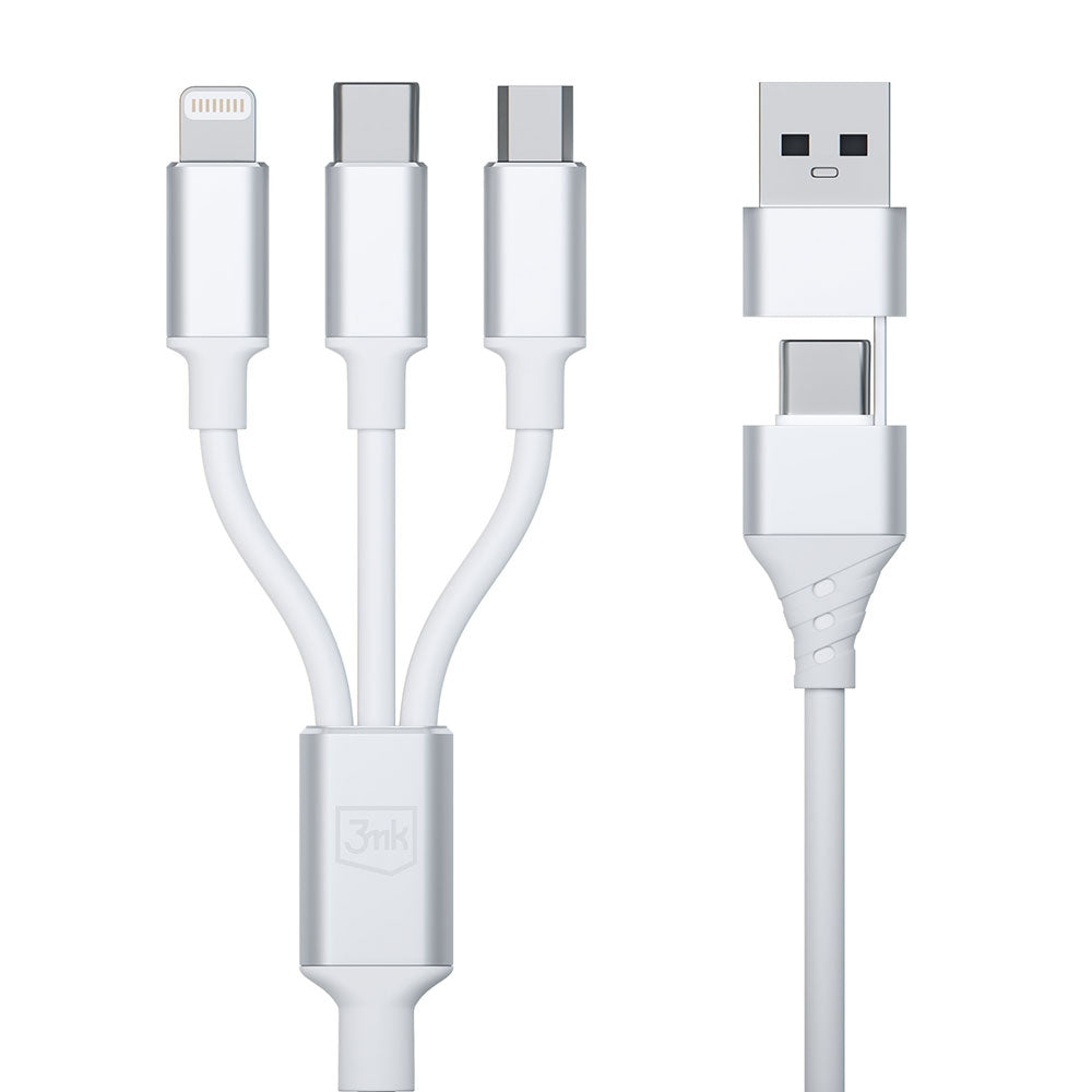 Câble de charge USB-A / USB-C - Lightning / microUSB / USB-C 3MK Hyper 3in1, 12W, 1.5m, Blanc 