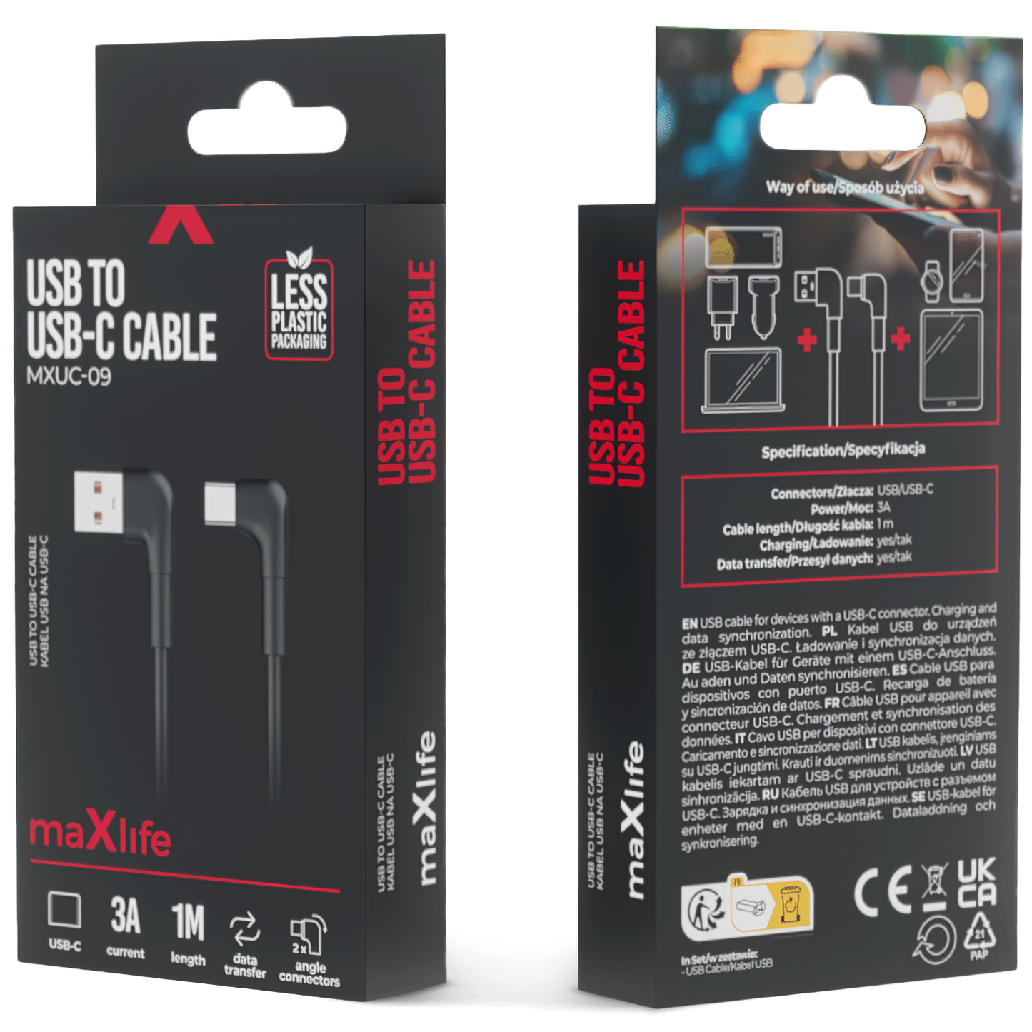 USB-A vers USB-C MaXlife MXUC-09 coudé, 60W, 1m, noir 