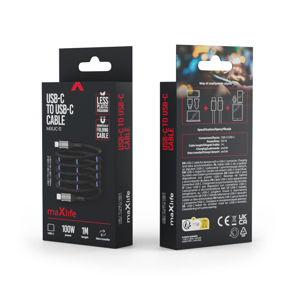 Câble de Données et de Charge USB-C - USB-C MaXlife MXUC-11 Magnétique, 100W, 1m, Noir