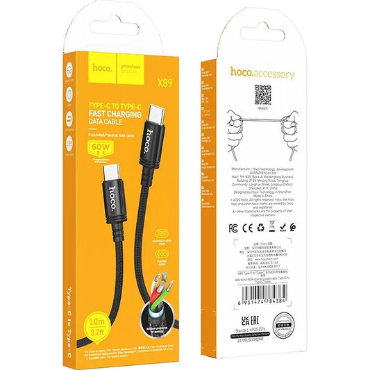 Câble de données et de charge USB-C - USB-C HOCO X89, 60W, 1m, Noir