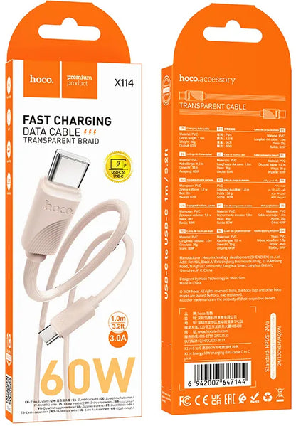 Câble de Données et de Charge USB-C - USB-C HOCO X114, 60W, 1m, Rose