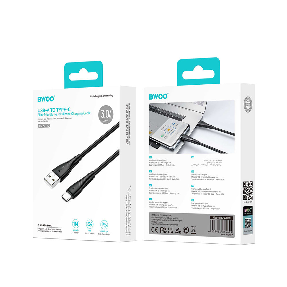 Câble de Données et de Charge USB-A - USB-C BWOO BO-X318C, 27W, 1m, Noir