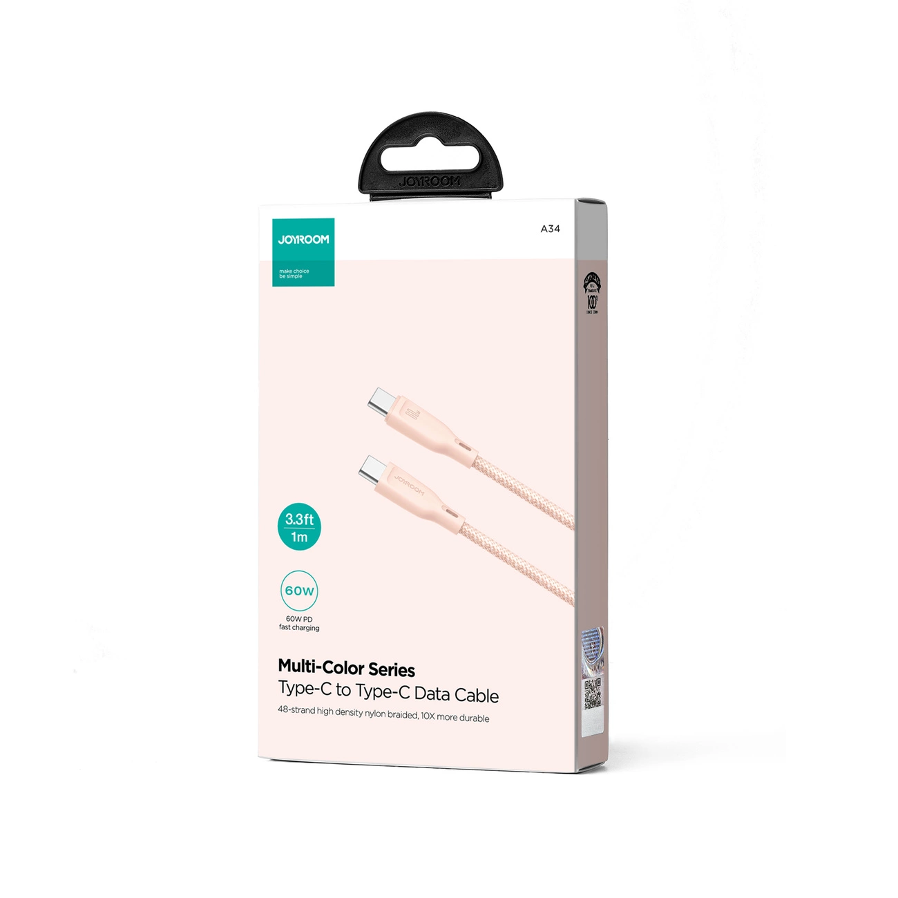 Câble de Données et de Charge USB-C - USB-C Joyroom S-A34, 60W, 1m, Rose