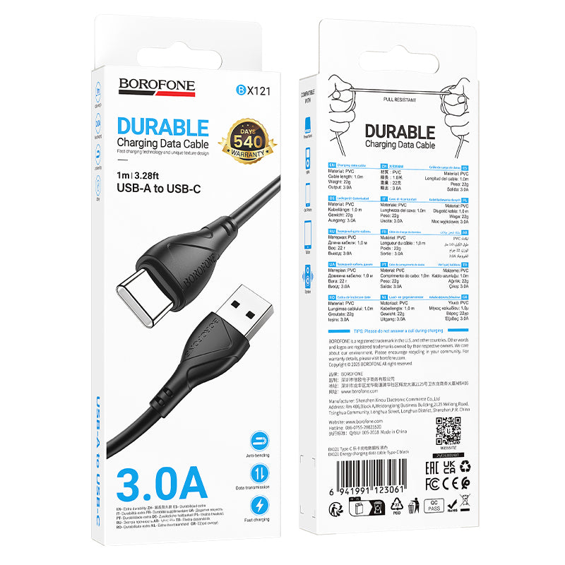 Câble de Données et de Charge USB-A - USB-C Borofone BX121 Energy, 18W, 1m, Noir