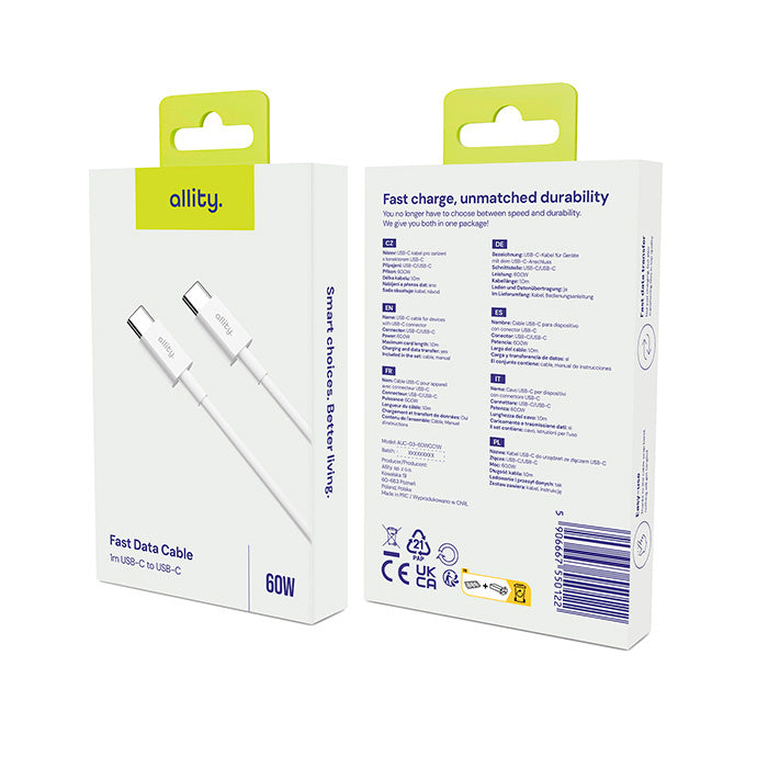 Câble de Données et de Charge USB-C - USB-C Allity. AUC-03, 100W, 1m, Blanc