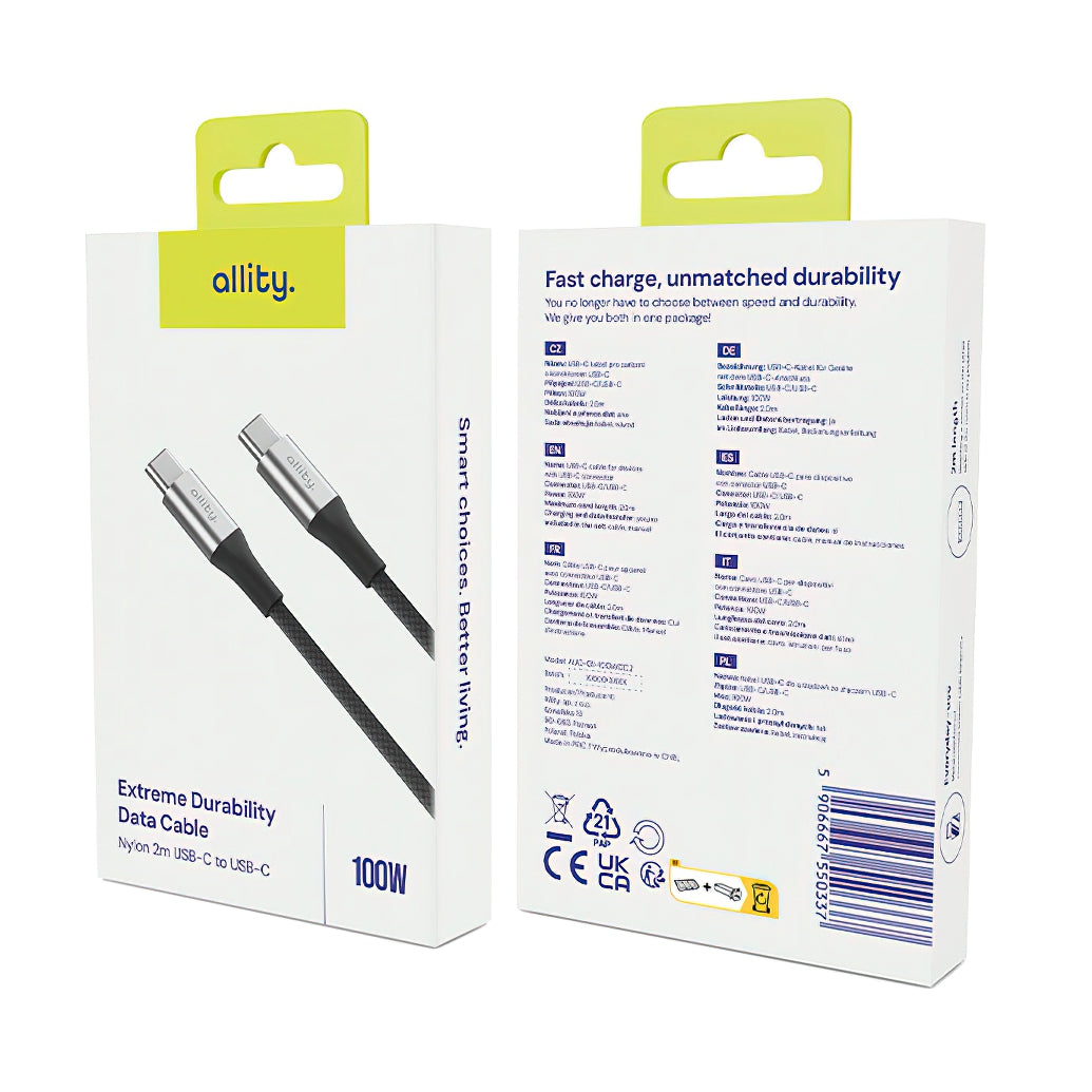 Câble de Données et de Charge USB-C - USB-C Allity. AUC-01, 100W, 2m, Noir