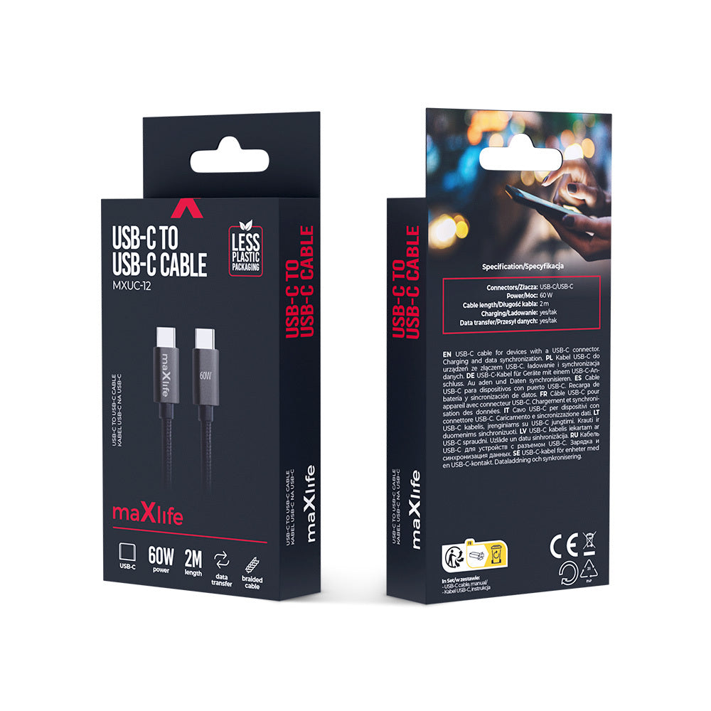 Câble de données et de charge USB-C - USB-C MaXlife MXUC-12, 60W, 2m, Noir