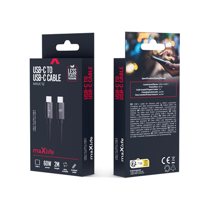 Câble de données et de charge USB-C - USB-C MaXlife MXUC-12, 60W, 2m, Noir