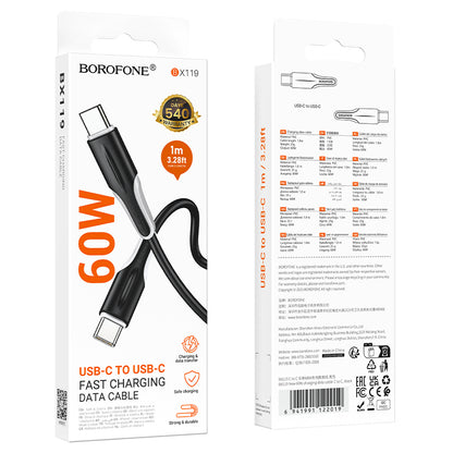 Câble de Données et de Charge USB-C - USB-C Borofone BX119 New, 60W, 1m, Noir