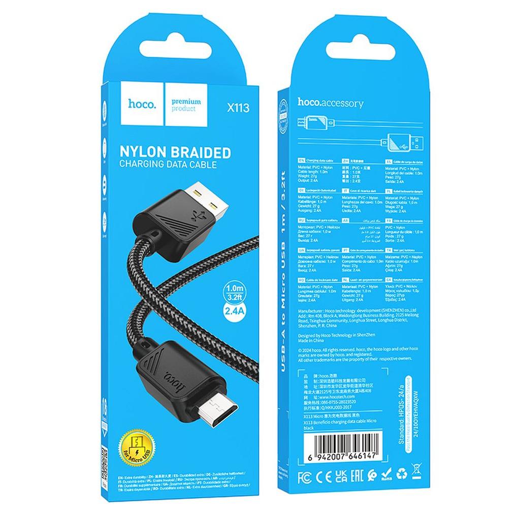 Câble de données et de charge USB-A - microUSB HOCO X113, 18W, 1m, Noir