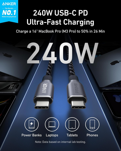 Câble de données et de charge USB-C - USB-C Anker Prime, 240 W, 0,9 m, noir A88E2011