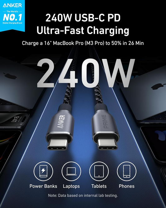 Câble de données et de charge USB-C - USB-C Anker Prime, 240 W, 0,9 m, noir A88E2011