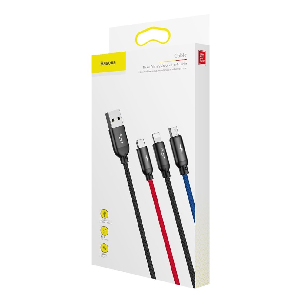 Câble de Chargement USB-A - Lightning / microUSB / USB-C Baseus Colors 3in1, 20W, 1.2m, Noir CAMLT-BSY01