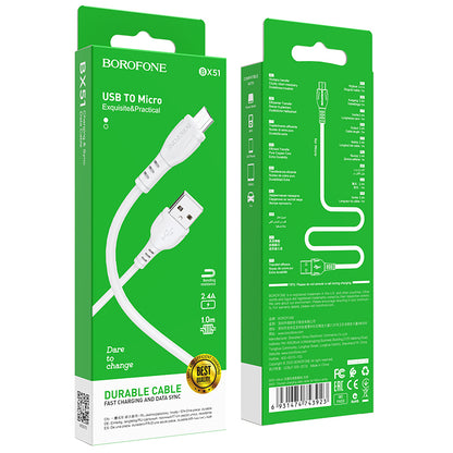 Câble de données et de charge USB-A - microUSB Borofone BX51 Triumph MP, 18W, 1m, blanc