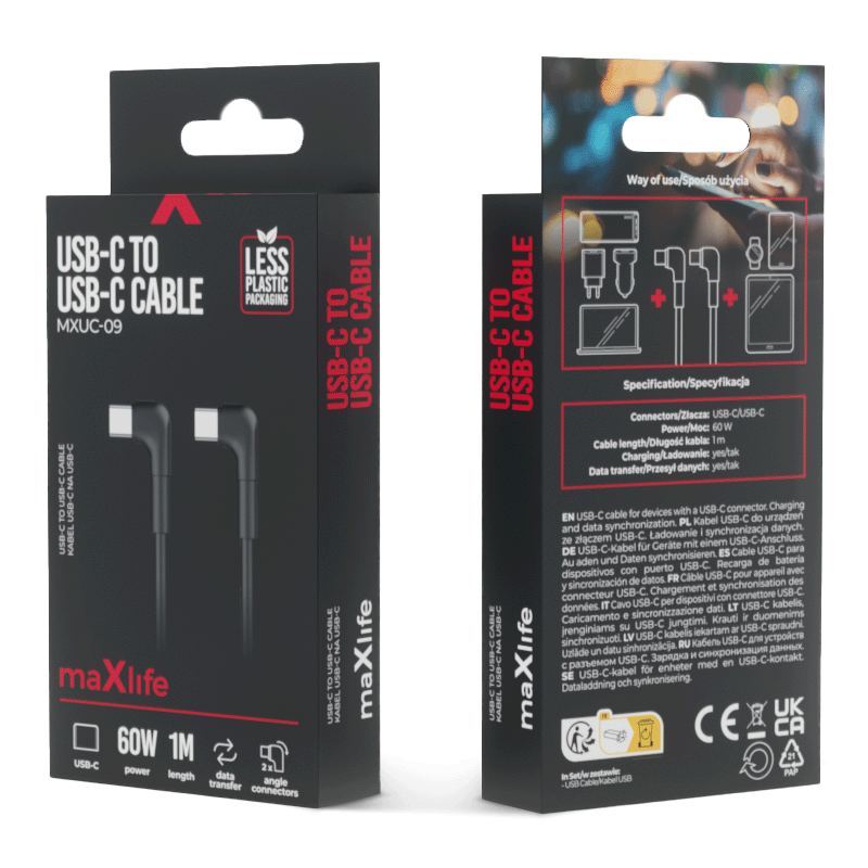 Câble de données et de charge USB-C - USB-C MaXlife MXUC-09 MXUC-09 coudé, 60W, 1m, noir 