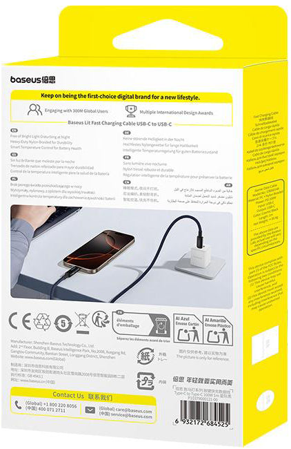 Câble de Données et de Charge USB-C - USB-C Baseus Lit Button Control, 100W, 1m, Noir P10379000121-00