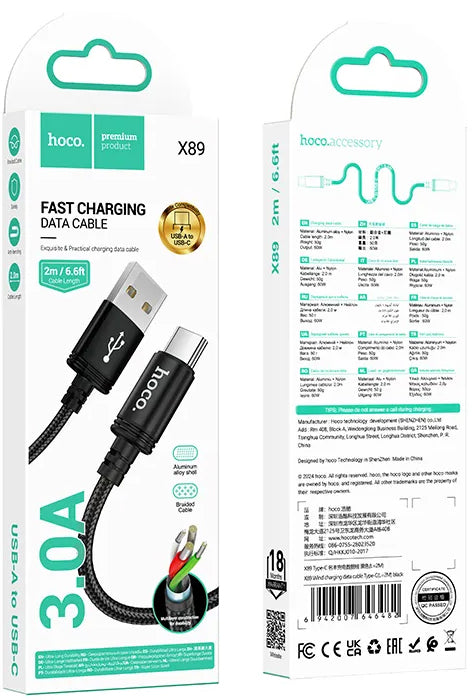 Câble de Données et de Charge USB-A - USB-C HOCO X89, 18W, 2m, Noir