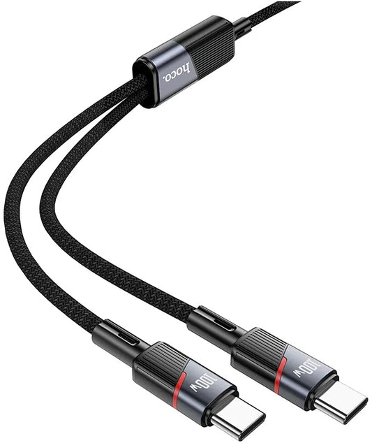 Câble de Données et de Charge USB-C - 2 x USB-C HOCO U139 2en1, 100W, 1.2m, Noir