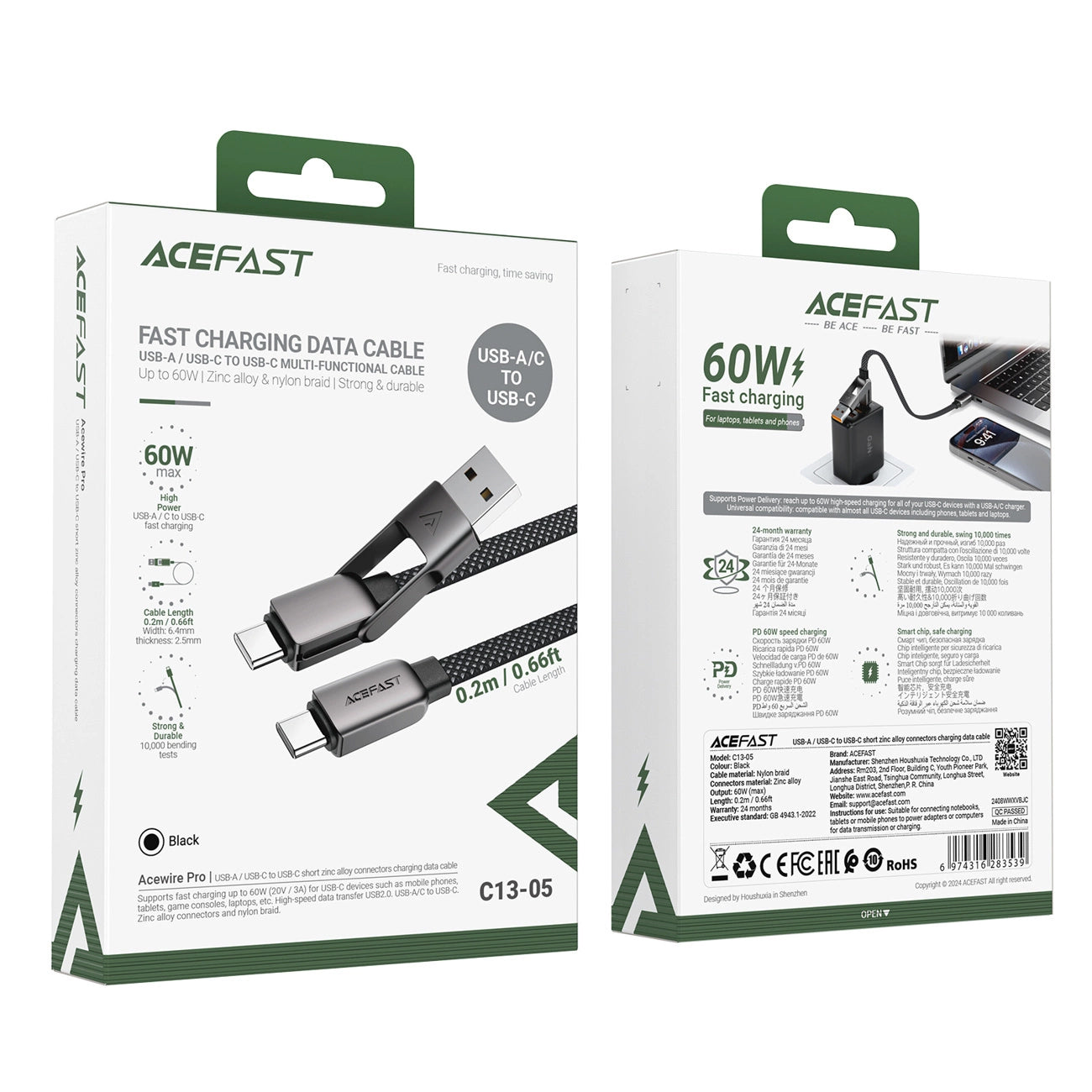 Câble de Données et de Charge USB-C - USB-A / USB-C Acefast C13-05, 60W, 0.2m, Noir