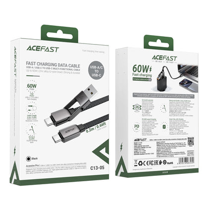 Câble de Données et de Charge USB-C - USB-A / USB-C Acefast C13-05, 60W, 0.2m, Noir