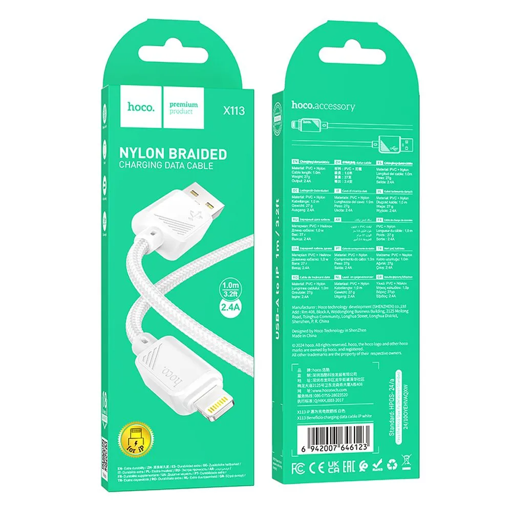 Câble de Données et de Charge USB-A - Lightning HOCO X113, 18W, 1m, Blanc