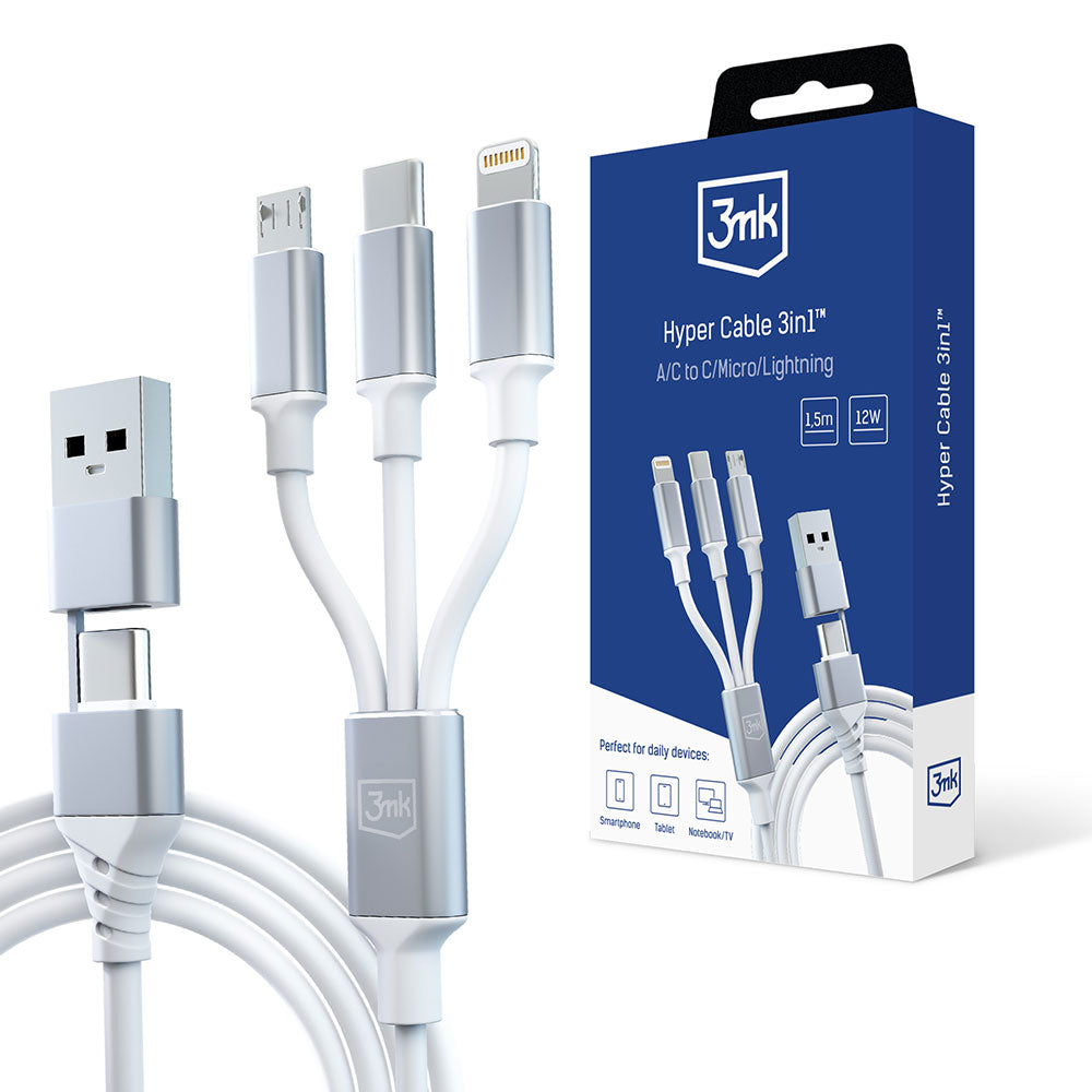 Câble de charge USB-A / USB-C - Lightning / microUSB / USB-C 3MK Hyper 3in1, 12W, 1.5m, Blanc 