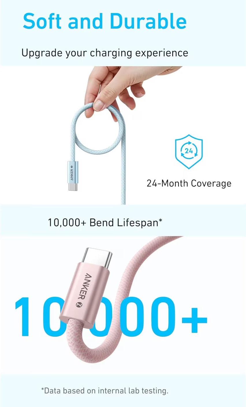 Câble de Données et de Charge USB-C - USB-C Anker Zolo, 240W, 1m, Blanc A8060H21