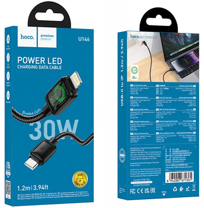 Câble de données et de charge USB-C - Lightning HOCO U146, 30W, 1.2m, Noir