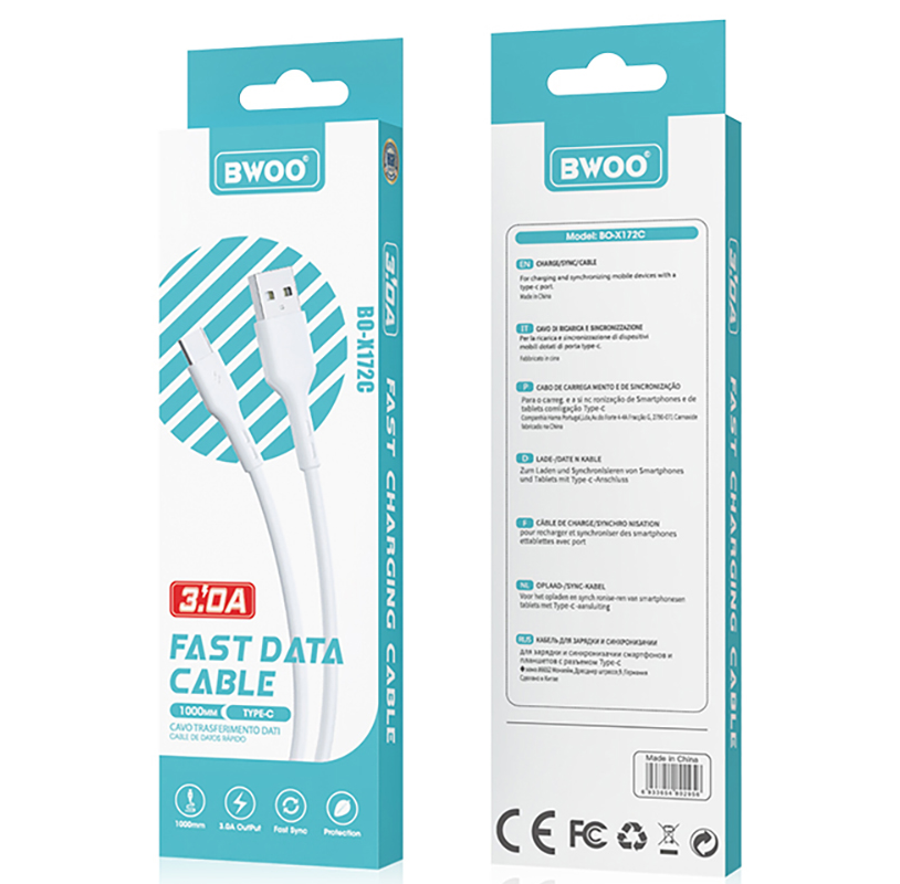 Câble de Données et de Charge USB-A - USB-C BWOO X172C, 60W, 1m, Blanc