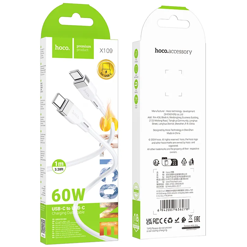 Câble de Données et de Charge USB-C - USB-C HOCO X109, 60W, 1m, Blanc