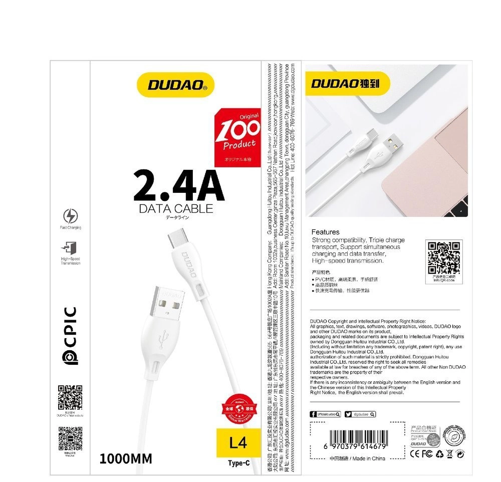 Câble de données et de charge USB-A - Lightning Dudao L4L, 18W, 1m, Blanc