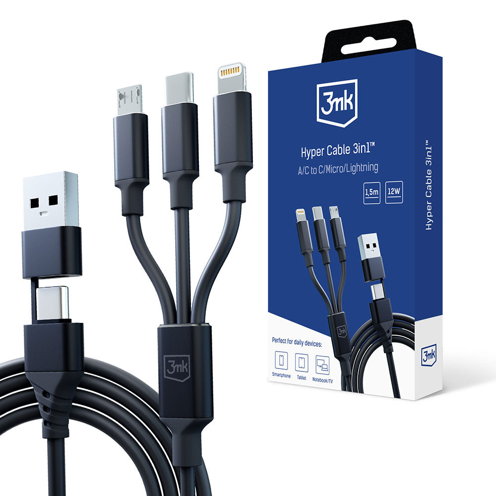 Câble de charge USB-A / USB-C - Lightning / microUSB / USB-C 3MK Hyper 3in1, 12W, 1.5m, Noir 