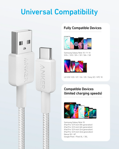 Câble de Données et de Charge USB-A - USB-C Anker 322, 18W, 1.8m, Blanc A81H6G21