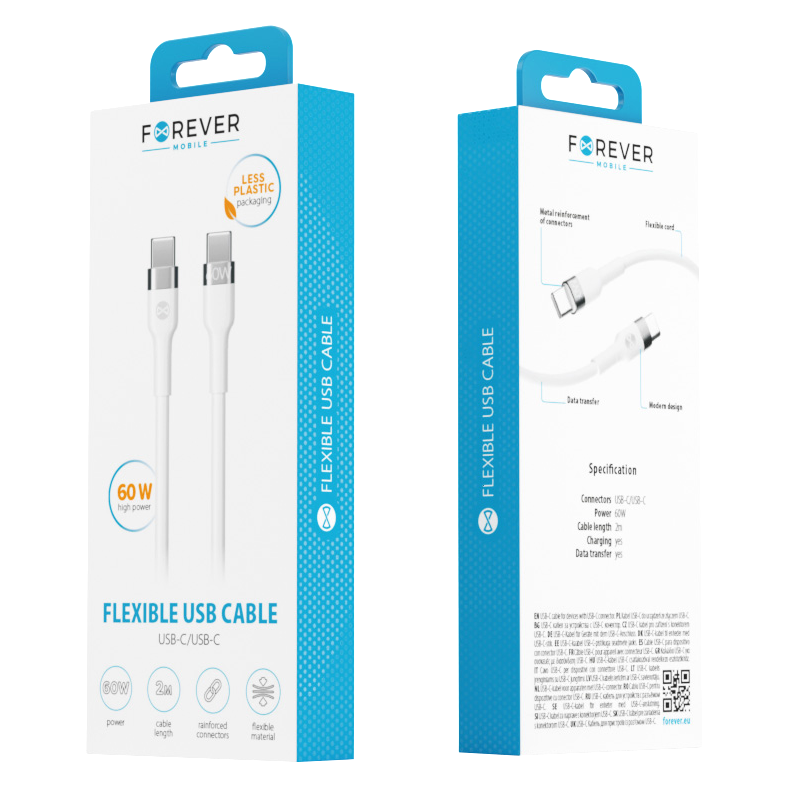 Câble de Données et de Charge USB-C - USB-C Forever Flexible, 60W, 2m, Blanc