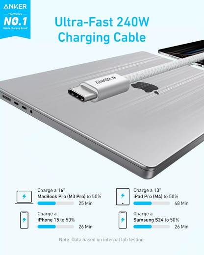 Câble de Données et de Charge USB-C - USB-C Anker Zolo, 240W, 1.8m, Blanc A8060H22