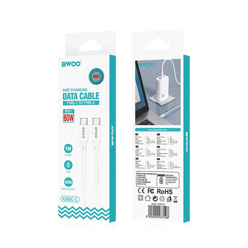 Câble de Données et de Charge USB-C - USB-C BWOO X282, 60W, 1m, Blanc