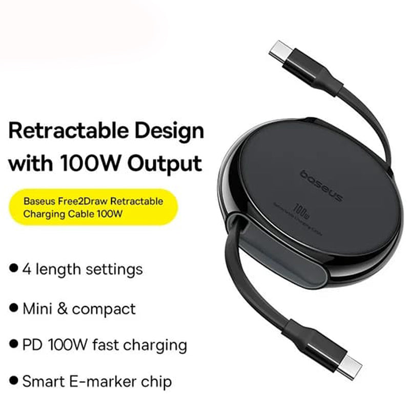 Câble de Données et de Charge USB-C - USB-C Baseus Pathfinder Rétractable, 100W, 1m, Noir P10368400111-00