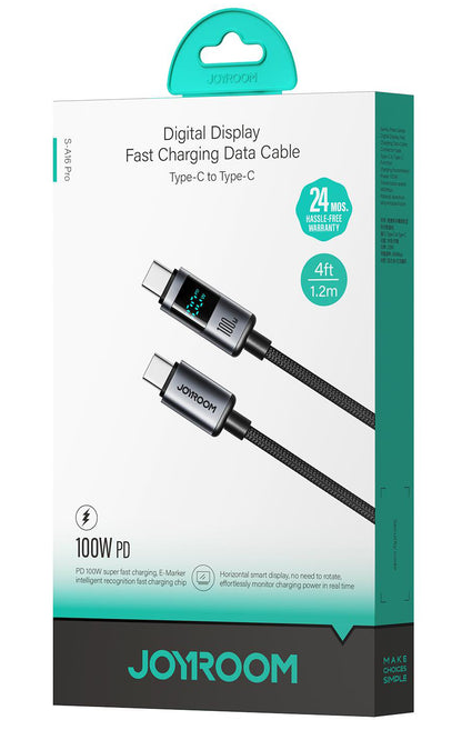 Câble de Données et de Charge USB-C - USB-C Joyroom S-A16 Pro Prism Display, 100W, 1.2m, Noir